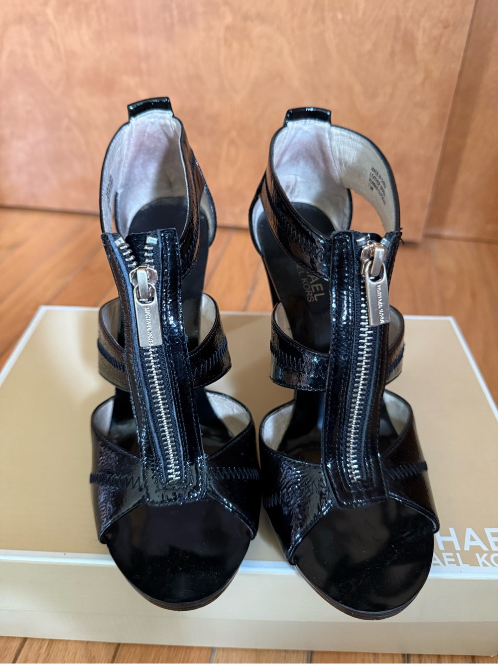 Michael Kors Black Patent Leather Front-Zip High Heel Sandals